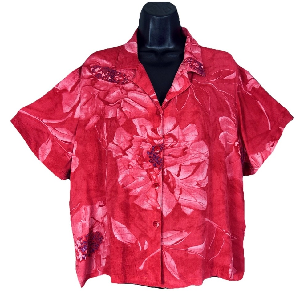 Jams World Women XL Aloha Camp Shirt Short Sleeve Button Hawaiian Red Peony Luau